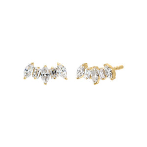 14K Gold Diamond Marquise X Baguette Curved Stud Earring 14K - Adina Eden's Jewels