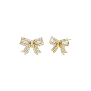 Gold Pave X Baguette Mini Bow Tie Stud Earring - Adina Eden's Jewels