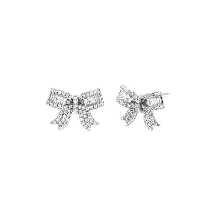 Silver Pave X Baguette Mini Bow Tie Stud Earring - Adina Eden's Jewels