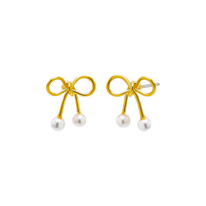 Gold Solid Bow Tie X Pearl Stud Earring - Adina Eden's Jewels
