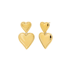 Gold Solid Double Heart Drop Stud Earring - Adina Eden's Jewels