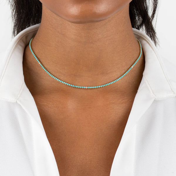 Diamond X Turquoise Tennis Necklace 14K - Main Image