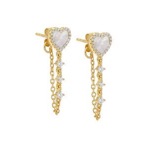 Mother of Pearl / Pair Tiny Pave Colored Gemstone Drop Chain Stud Earring - Adina Eden's Jewels