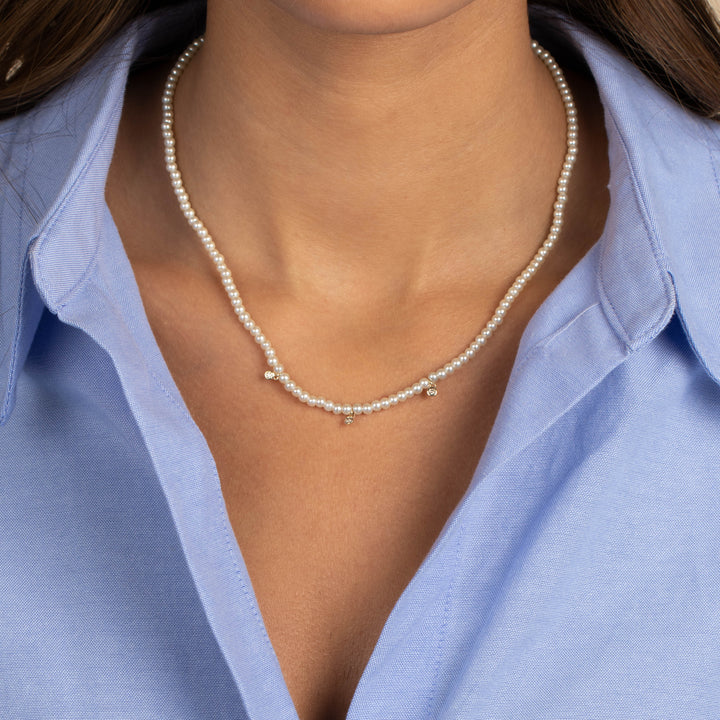  Triple Diamond Bezel Pearl Necklace 14K - Adina Eden's Jewels