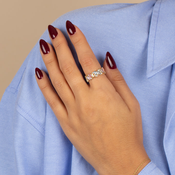  Pastel Solitaire X Baguette Band Ring - Adina Eden's Jewels