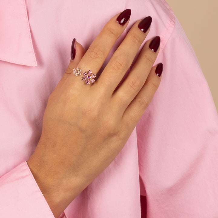  Pink CZ Double Flower Open Ring - Adina Eden's Jewels