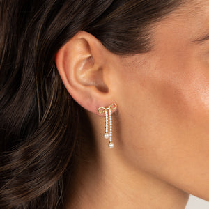 Pearl Bow Tennis Drop CZ Stud Earring
