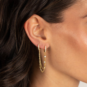 CZ Bezel Station Double Chain Huggie Earring