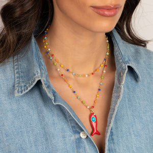 Colored Enamel /Turquoise Fish Charm Extra Long Necklace - Adina Eden's Jewels