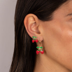 Colored Enamel Dangling Double Strawberry Huggie Earring - Adina Eden's Jewels