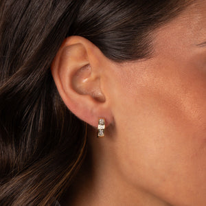 Lab Grown Diamond Solitaire X Emerald Embedded Wide Huggie Earring 14K - Adina Eden's Jewels