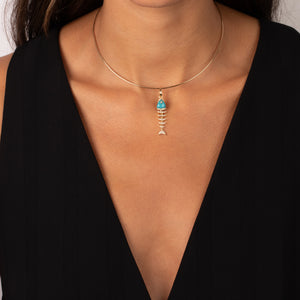 Turquoise Diamond Fish Bone Drop Pendant 14K - Adina Eden's Jewels