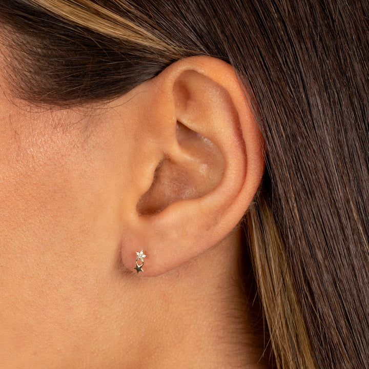  Diamond Solid/Pave Double Star Stud Earring 14K - Adina Eden's Jewels