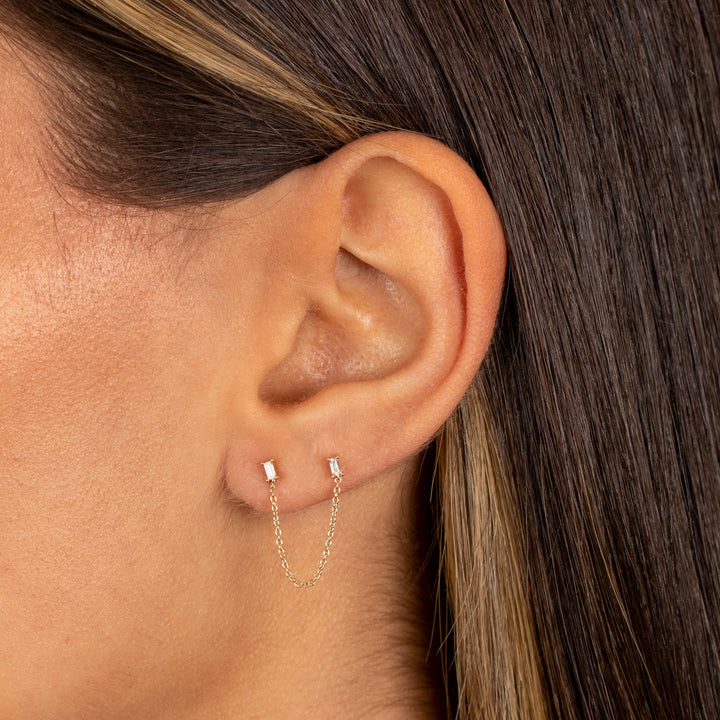  Diamond Double Baguette Chain Stud Earring 14K - Adina Eden's Jewels