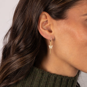 Diamond Pavé Butterfly Chain Drop Huggie Earring 14K - Adina Eden's Jewels