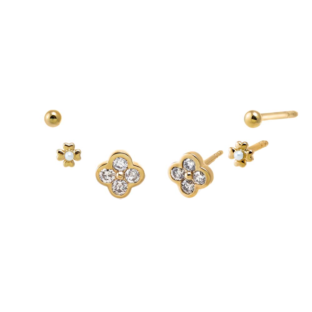 14K Gold Diamond Multi Clover Stud Earring Combo Set 14K - Adina Eden's Jewels