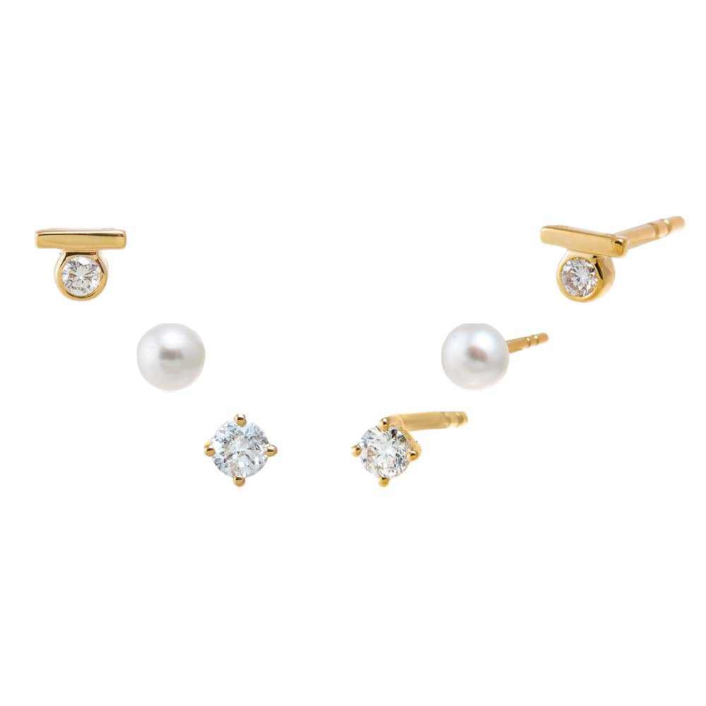 14K Gold Diamond & Pearls Stud Earring Combo Set 14K - Adina Eden's Jewels