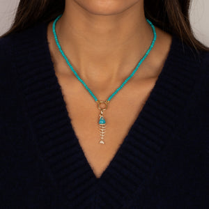 Turquoise Beaded Toggle Fish Charm Necklace 14K