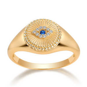 Sapphire Blue / 3 Sapphire Blue CZ Evil Eye Signet Pinky Ring - Adina Eden's Jewels