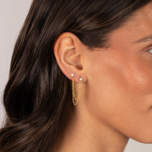CZ Square Bezel Double Chain Drop Earring