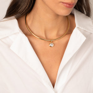 Colored CZ Oval Bezel/ Solid Tube Open Collar Pendant Necklace