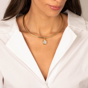 Colored CZ Emerald Bezel/ Solid Tube Open Collar Pendant Necklace