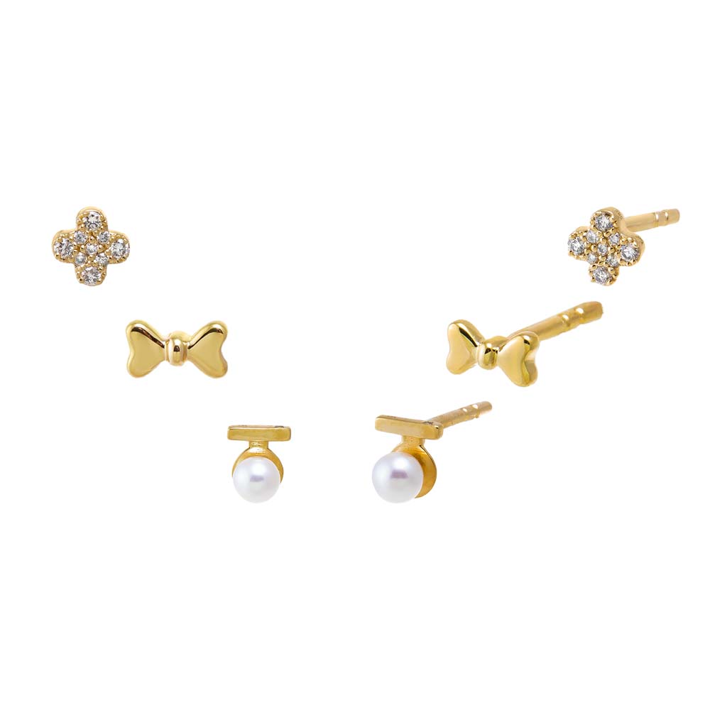 14K Gold Diamond Clover & Things Stud Earring Combo Set 14K - Adina Eden's Jewels