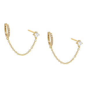 Gold CZ Solitarie Stud X Huggie Chain Earring - Adina Eden's Jewels