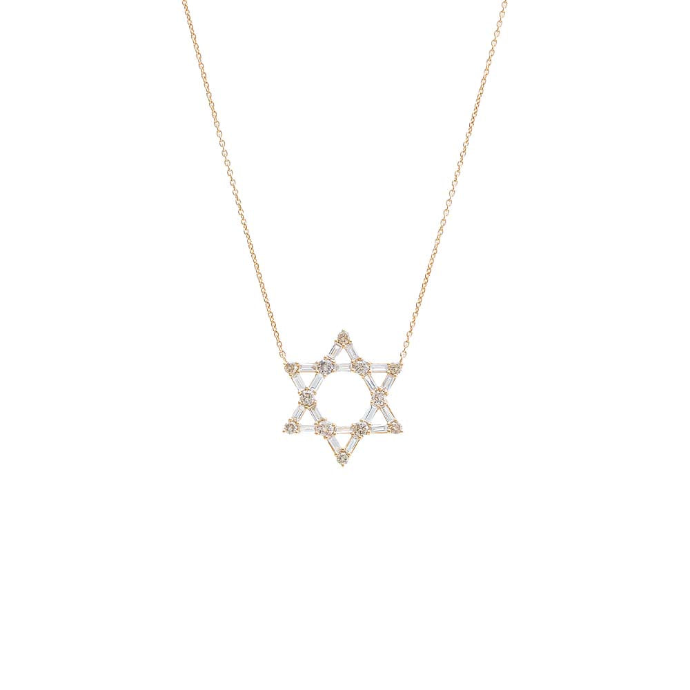 14K Gold Diamond Baguette X Solitaire Large Star Of David Necklace 14K - Adina Eden's Jewels