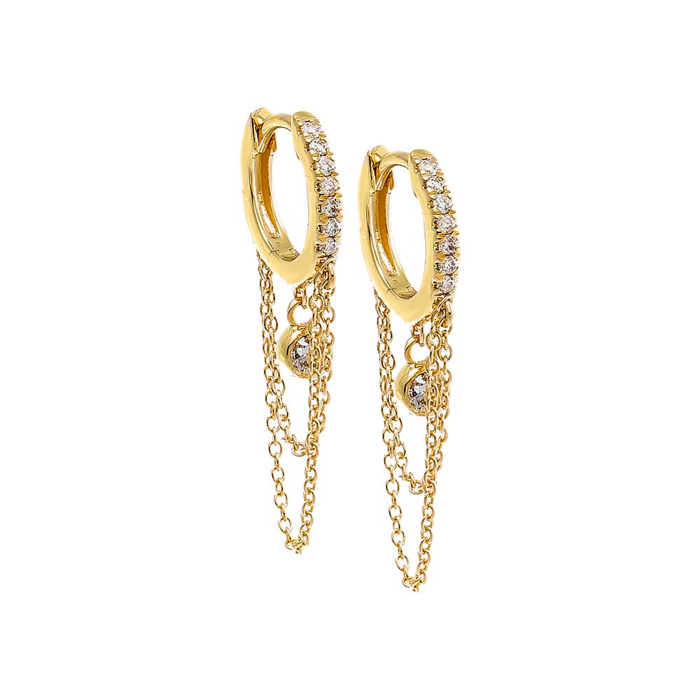 14K Gold / Pair Diamond Pave Dangling Bezel & Chain Huggie Earring 14K - Adina Eden's Jewels