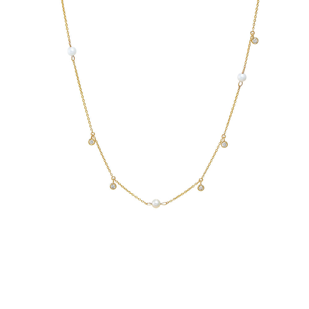 Pearl White Diamond Dainty X Pearl Dangling Necklace 14K - Adina Eden's Jewels