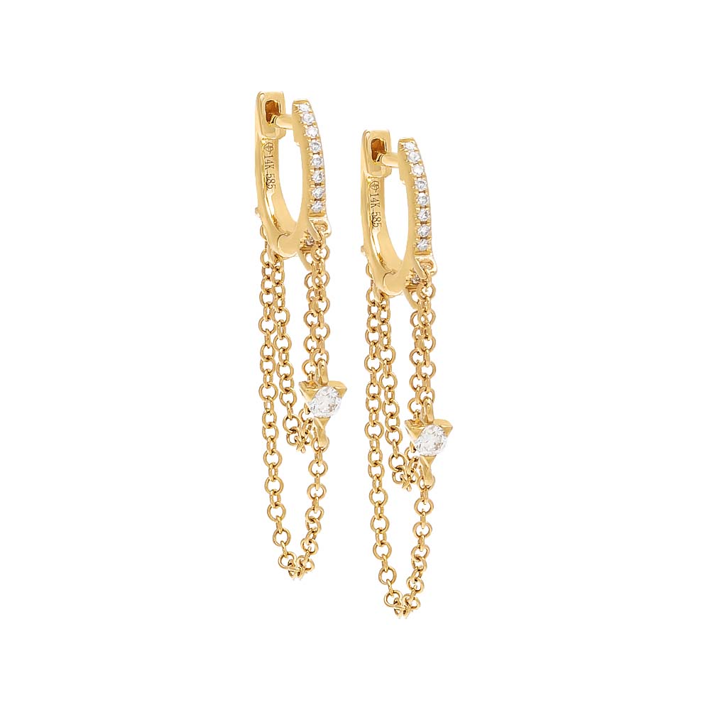 14K Gold Pave Diamond Double Chain Huggie Earring 14K - Adina Eden's Jewels