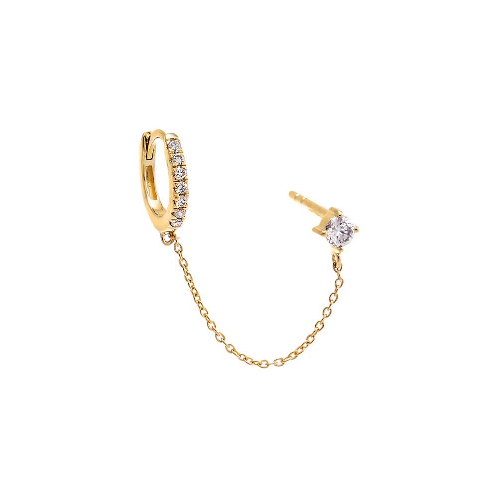 14K Gold / Single Diamond Solitaire Chain X Huggie Earring 14K - Adina Eden's Jewels