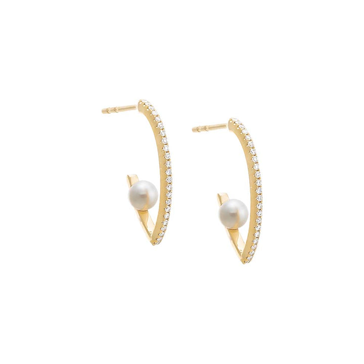 14K Gold Diamond Pave Elongated Open Pearl Hoop Earring 14K - Adina Eden's Jewels