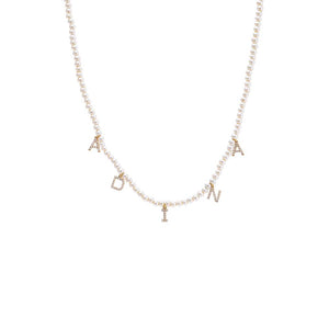 Diamond Pave Dangling Name Pearl Necklace 14K