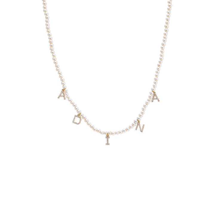 14K Gold Diamond Pave Dangling Name Pearl Necklace 14K - Adina Eden's Jewels