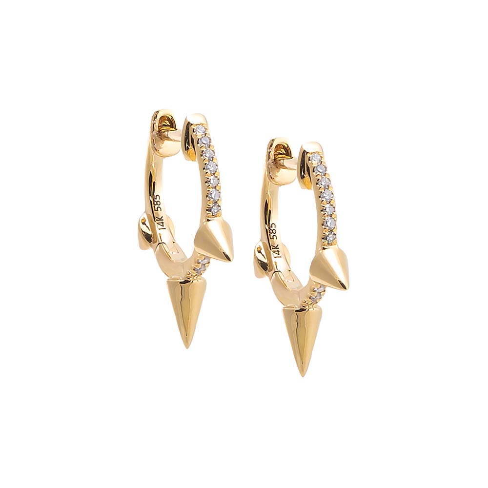 14k Gold / Pair Diamond Pave Triple Spike Huggie Earring 14K - Adina Eden's Jewels