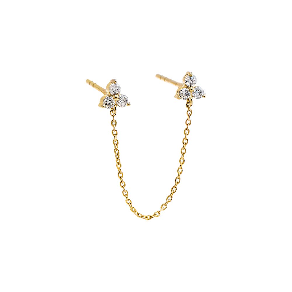 14K Gold / Single Diamond Trio Cluster Chain Double Stud Earring 14K - Adina Eden's Jewels