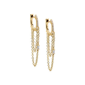 14K Gold / Pair Diamond Baguette Double Chain Huggie Earring 14K - Adina Eden's Jewels