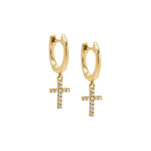 14K Gold / Pair Diamond Dangling Cross Huggie Earring 14K - Adina Eden's Jewels