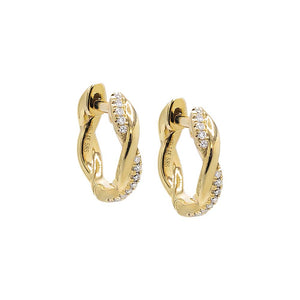 14K Gold / Pair Diamond Pave/Solid Twisted Huggie Earring 14K - Adina Eden's Jewels