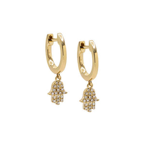 14K Gold / Pair Diamond Dangling Hamsa Huggie Earring 14K - Adina Eden's Jewels