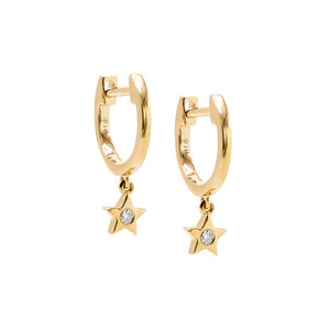 14K Gold / Pair Mini Dangling Diamond Star Huggie Earring 14K - Adina Eden's Jewels