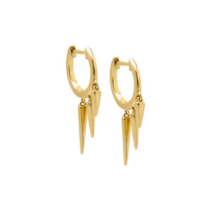 14K Gold / Pair Solid Dangling Triple Spike Huggie Earring 14K - Adina Eden's Jewels
