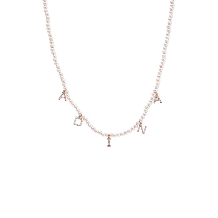 14K Rose Gold Diamond Pave Dangling Name Pearl Necklace 14K - Adina Eden's Jewels