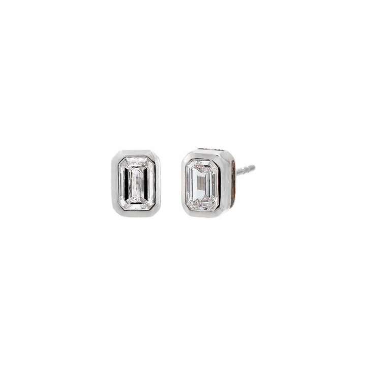 14K White Gold / 1 CT Lab Grown Diamond Emerald Bezel Stud Earring 14K - Adina Eden's Jewels