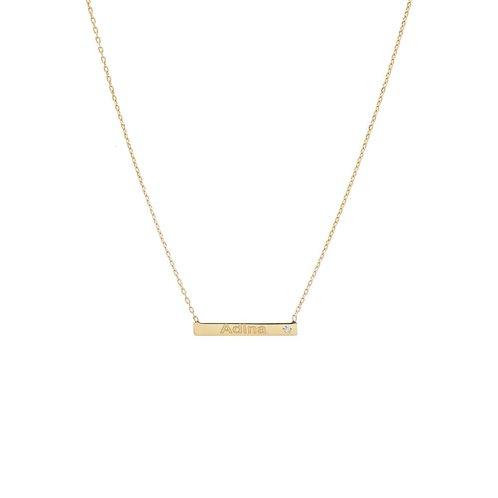14K Gold Engraved Name Bezel Diamond Bar Necklace 14K - Adina Eden's Jewels