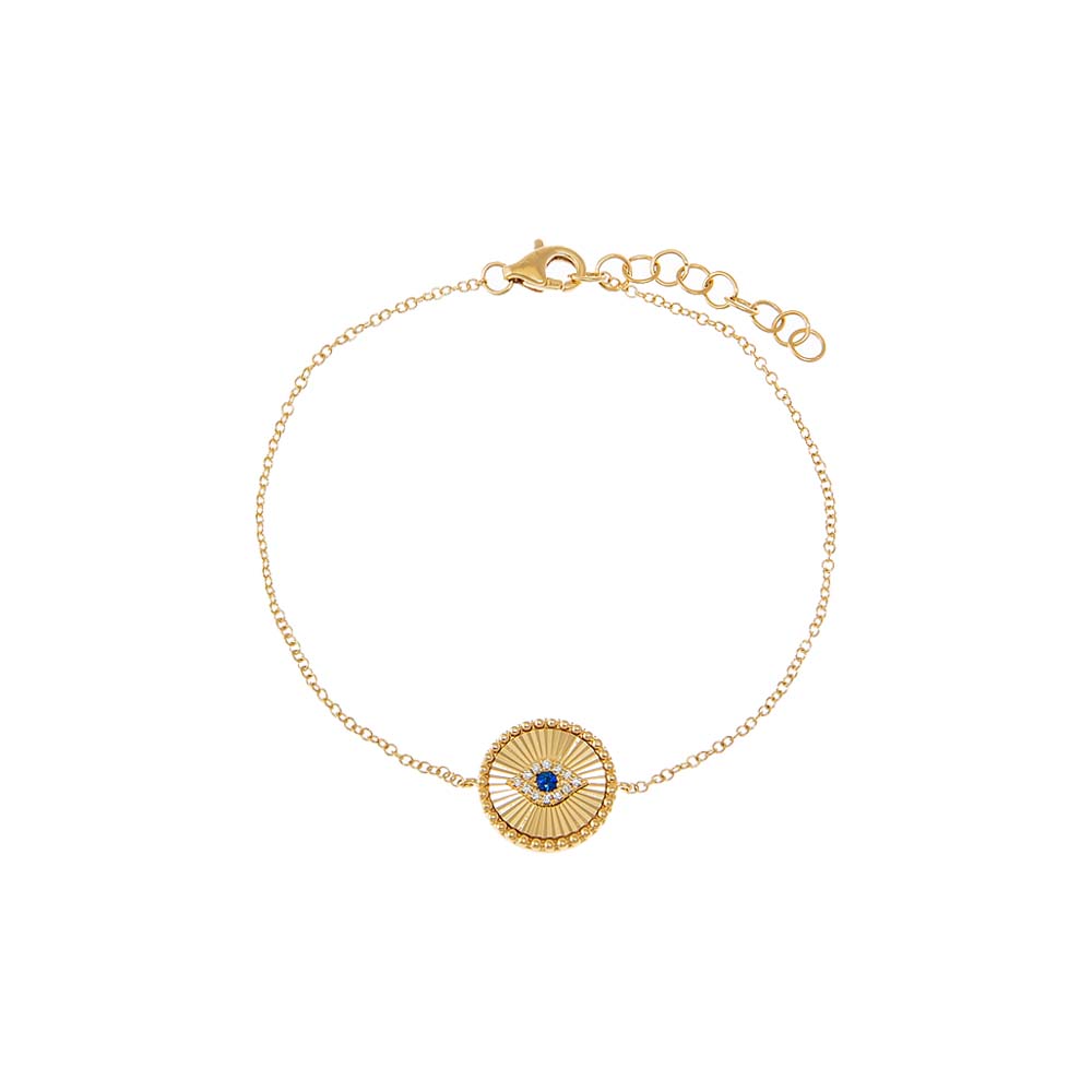 14K Gold Diamond Pave & Sapphire Blue Evil Eye Ridged Disc Bracelet 14K - Adina Eden's Jewels