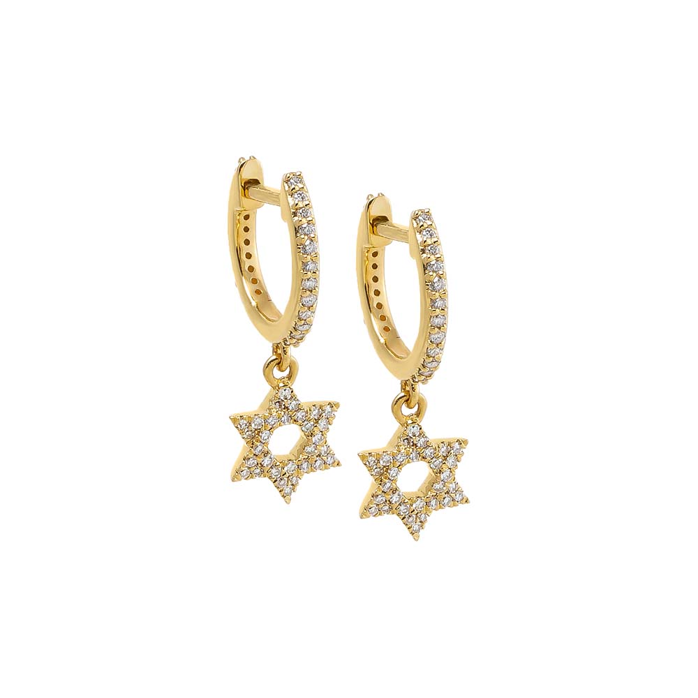 14K Gold Diamond Pave Dangling Star Of David Huggie Earring 14K - Adina Eden's Jewels