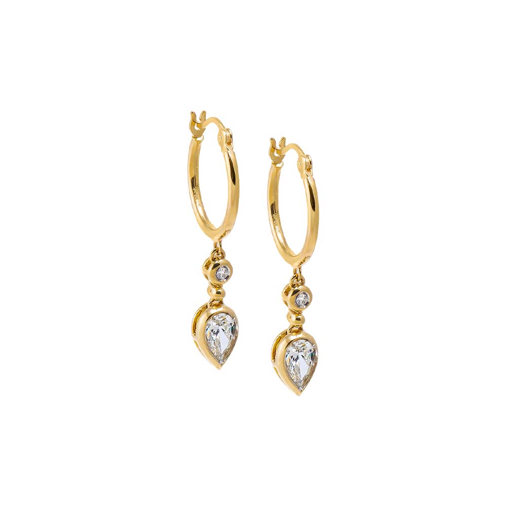 14K Gold Lab Grown Diamond Solitaire X Pear Bezel Drop Huggie Earring 14K - Adina Eden's Jewels